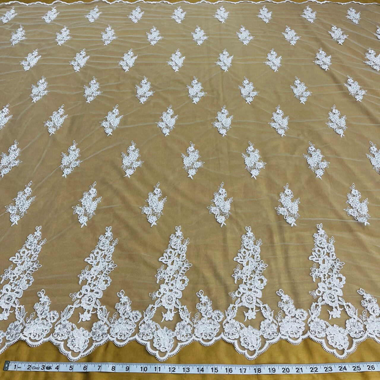 1 Yard Ivory Beaded and Corded Bridal Lace Fabric Embroidered on Polyester Net Mesh 54 Inch Width